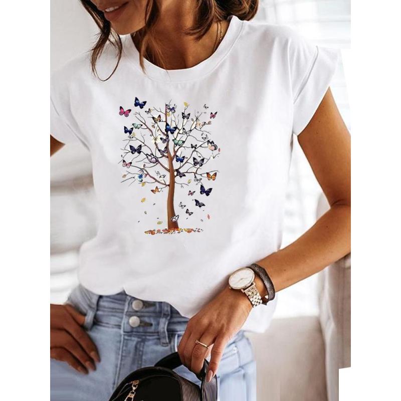 Damski T-shirt z okrągłym dekoltem z nadrukiem Luźny Casualowy Biurowy Krótki Rękaw
