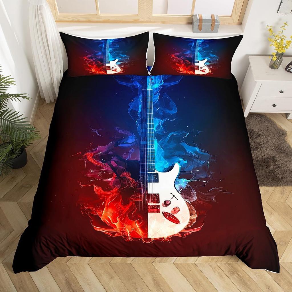 Guitar Duvet Cover Twin,Modern Music Themed Bedding Set Kids Cool Hip Pop Inspired Bed Cover,Musical Instrument Comforter Cover