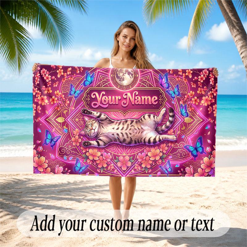 Cat Theme Soft Beach Towel Personalized Custom Name Text Towel Portable for Beach Pool Travel
