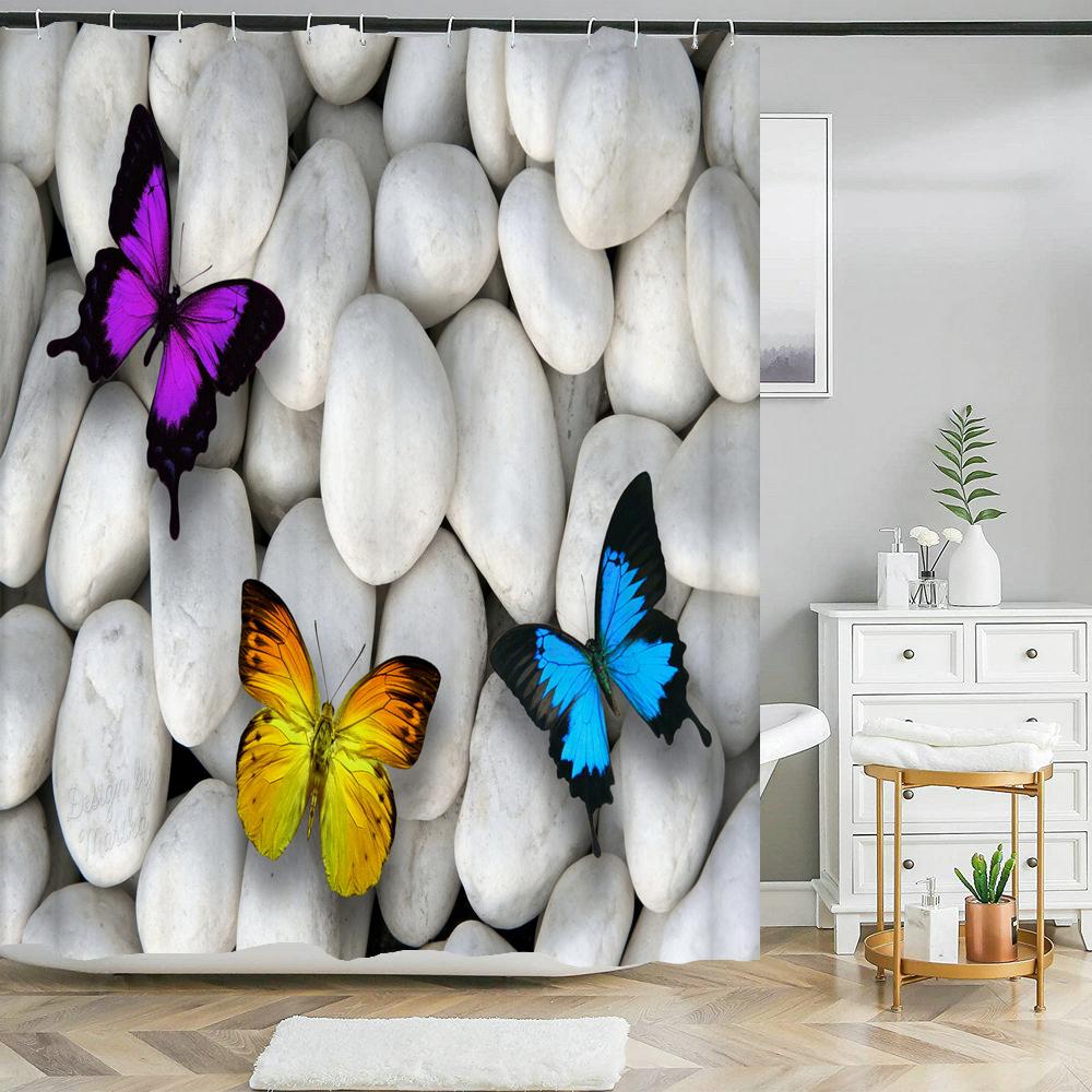 Bathroom Shower Curtain 3D Beautiful Butterfly Printing Polyester Waterproof Curtain Home Decoration Curtain with Hook 180x180cm