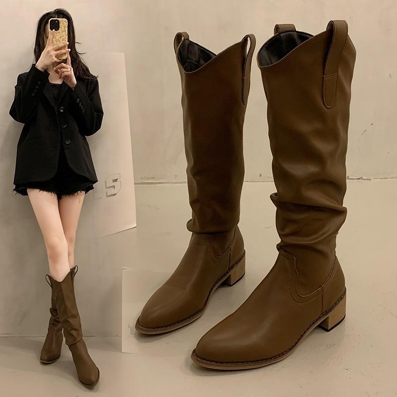 Vintage Brown Mouth Pile Medium Boots Women's Shoes Spring Autumn Winter Pointed Western Cowboy Boots