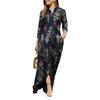 GMXIA Women's Holiday Casual POLO Neck Long Sleeve Long Gown Long Floral Print Cotton Dress Button Shirt