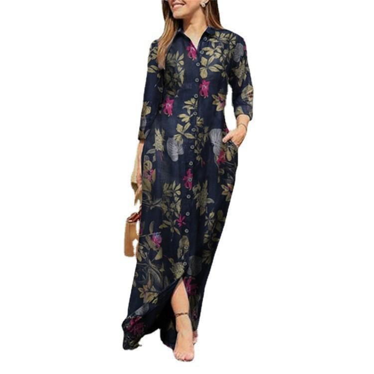 GMXIA Women's Holiday Casual POLO Neck Long Sleeve Long Gown Long Floral Print Cotton Dress Button Shirt