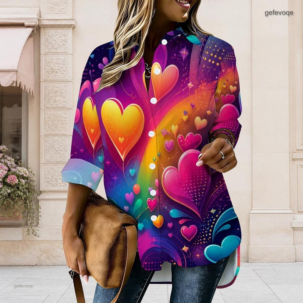 Women Plus Size Lapel Long Sleeve Shirt Dress Fireworks Star Print Curved Irregular Back Hem Button Casual Tunic Dress