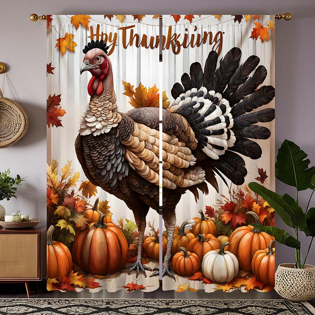 Set Of 2 Hd Thanksgiving Turkey Pumpkin Maple Leaf Decorative Curtain Yellow Tie Digital Printed Home Decor Styl Polyester