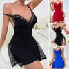 Cămașă de noapte sexy pentru femei, cu decolteu în V adânc, fără mâneci, dantelă, mozaic, decor cu fundă, culoare solidă, moale deasupra