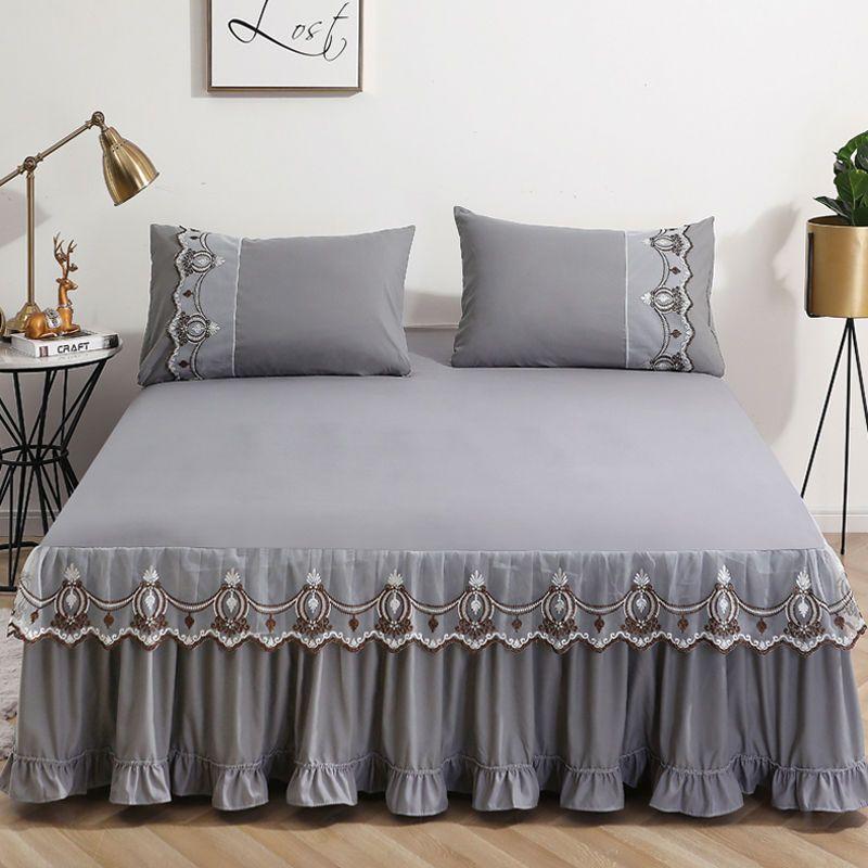 Modern Minimalist Lace Bed Skirt Princess Style Skin Friendly Cotton Non Slip Bedspread Household Bed Skirt Three Piece Set