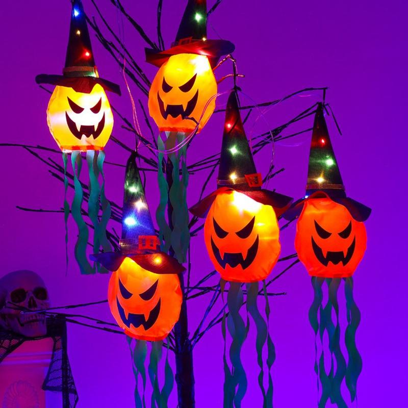 Led Halloween Decorations Witch Hat Design Horror Ghost Glowing Lamp Glow In The Dark Hanging Ornaments Party Supplies