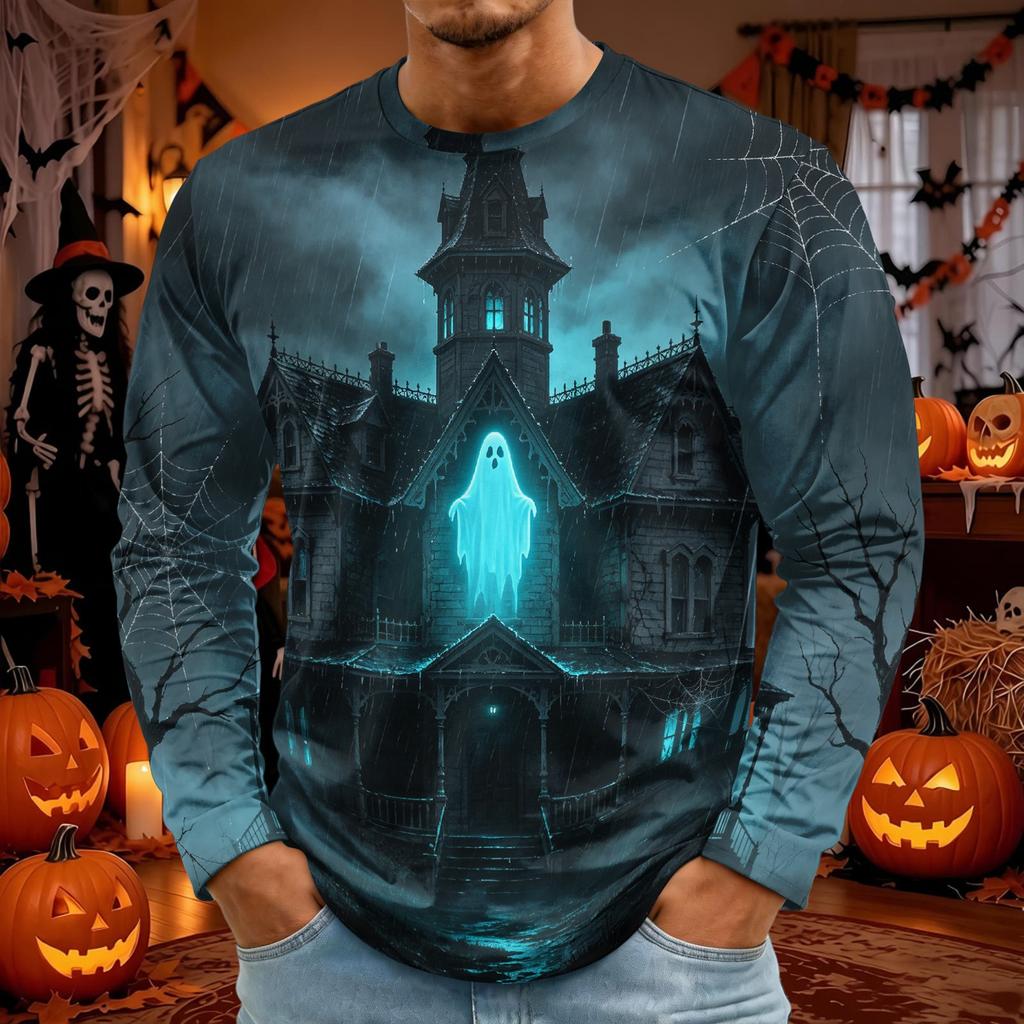 T-shirt Manches Longues Homme Imprimé Halloween à Col Rond, Haut Mode pour Événements d'Halloween