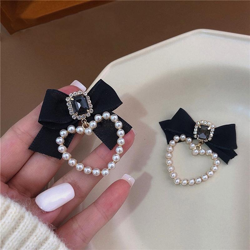 Black Bow Square Earrings Women Elegant Pearl Heart Jewelry Gifts