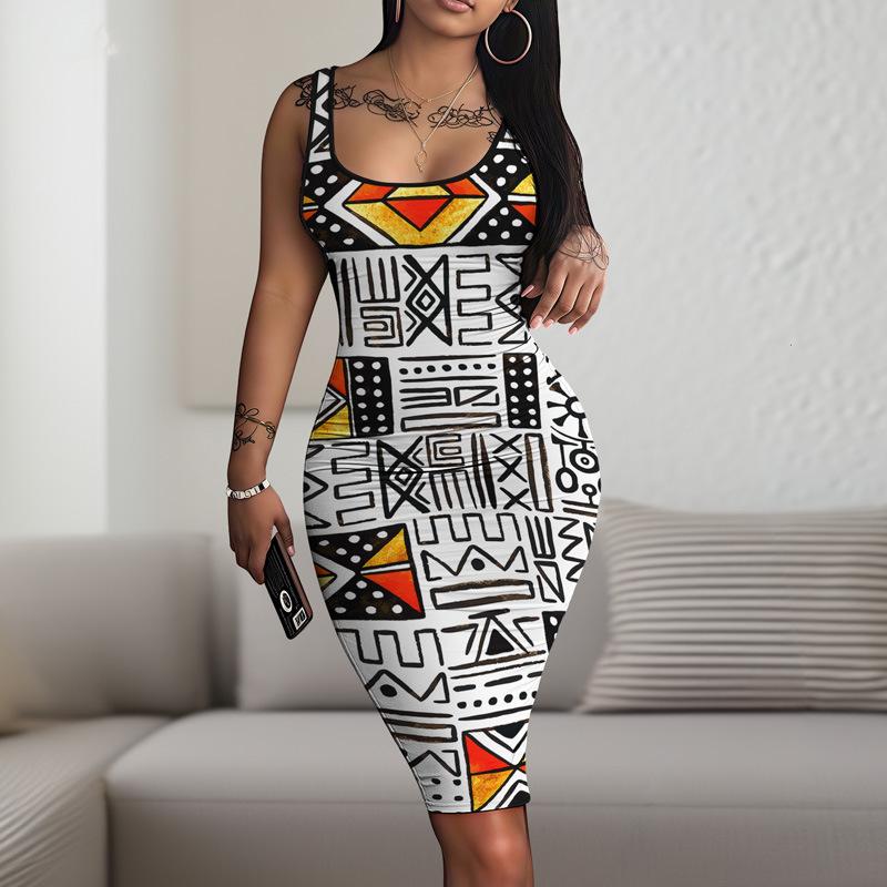 New retro casual D digital printing round neck long sleeveless hip skirt WQ