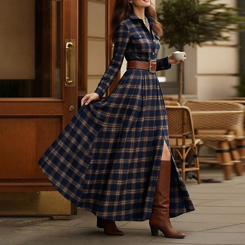 2026 Spring Women's Retro Plaid French Slimming Dress with Irregular Design