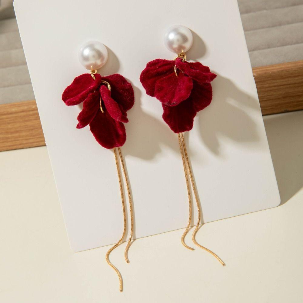 Bowknot Red Velvet Bow Earrings Pearl New Year Earrings Wine Red Bow Drop Earrings Decoration