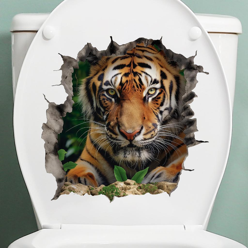 Fierce 3D Breaking Wall Tiger Toilet Stickers, Waterproof Removable Self-Adhesive Bathroom Decals