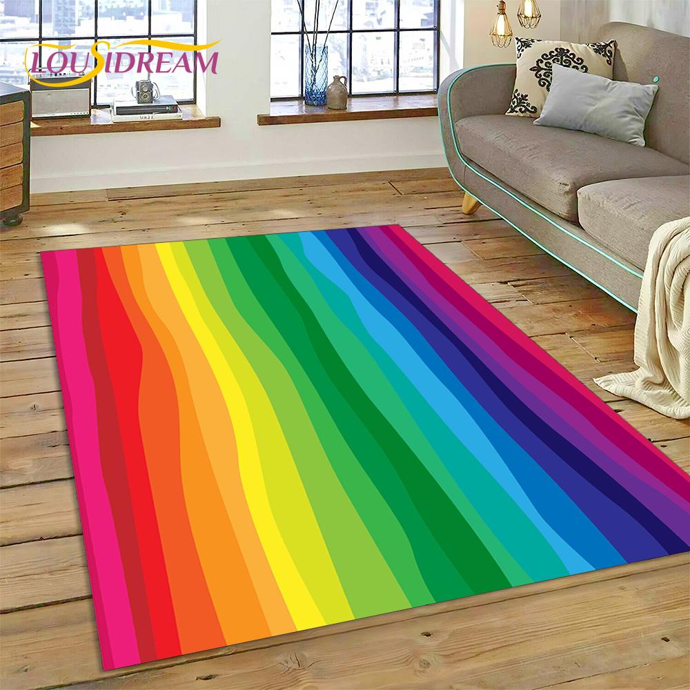 Regenbogen 3D Farbillusion Cartoon Teppich für Wohnzimmer Schlafzimmer Heimdekoration, Bodenmatte Rutschfest Dekoration für Sofa Fußmatte