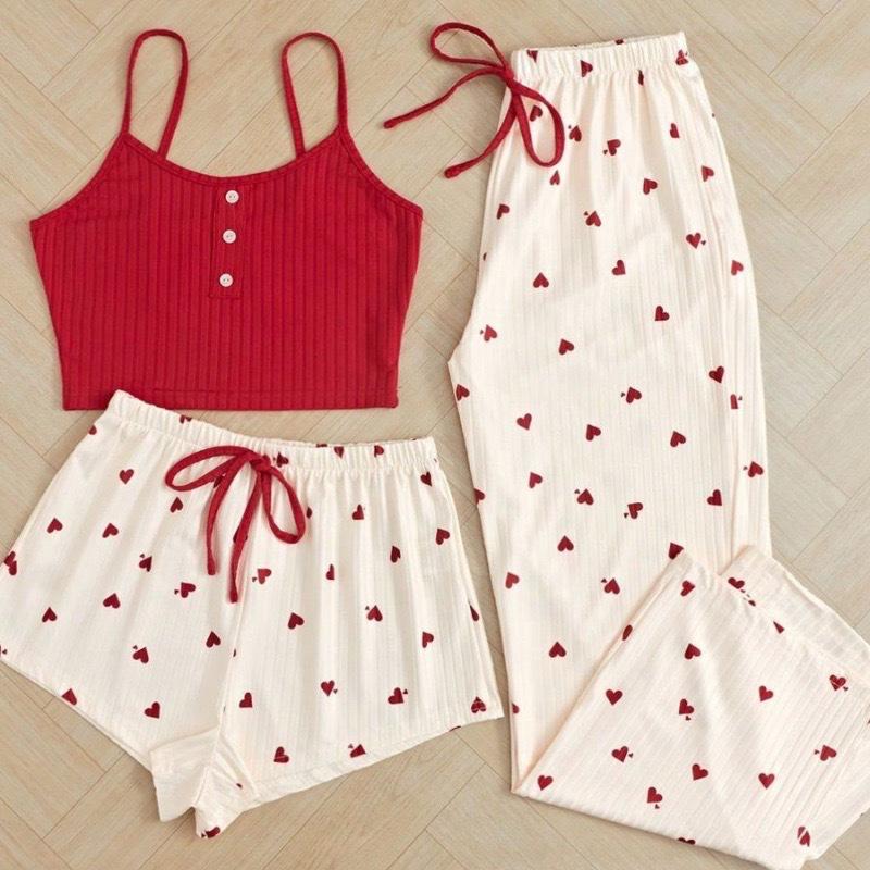 Sweet Girly Three-Piece Women's Pajama Set: Vest & Long Pants for Spring/Summer