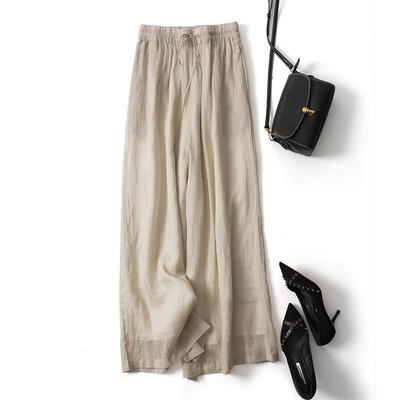 Vintage Cotton Linen Long Wide Leg Pants Women's Summer Thin Casual Loose Drape Nine-Tenths Elastic Waist Culottes
