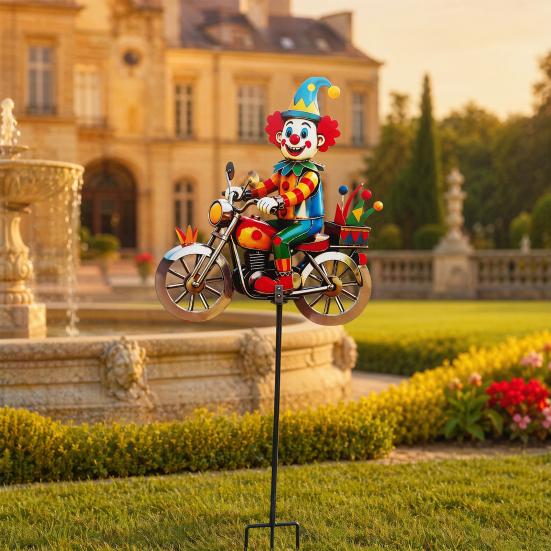 Drehender Clown Motorrad Windspiel, Rotierende Räder Metall Kinetic Hofkunst mit Erdspieß, Wetterfeste Windmühlen Skulptur für Außen Rasen Terrasse