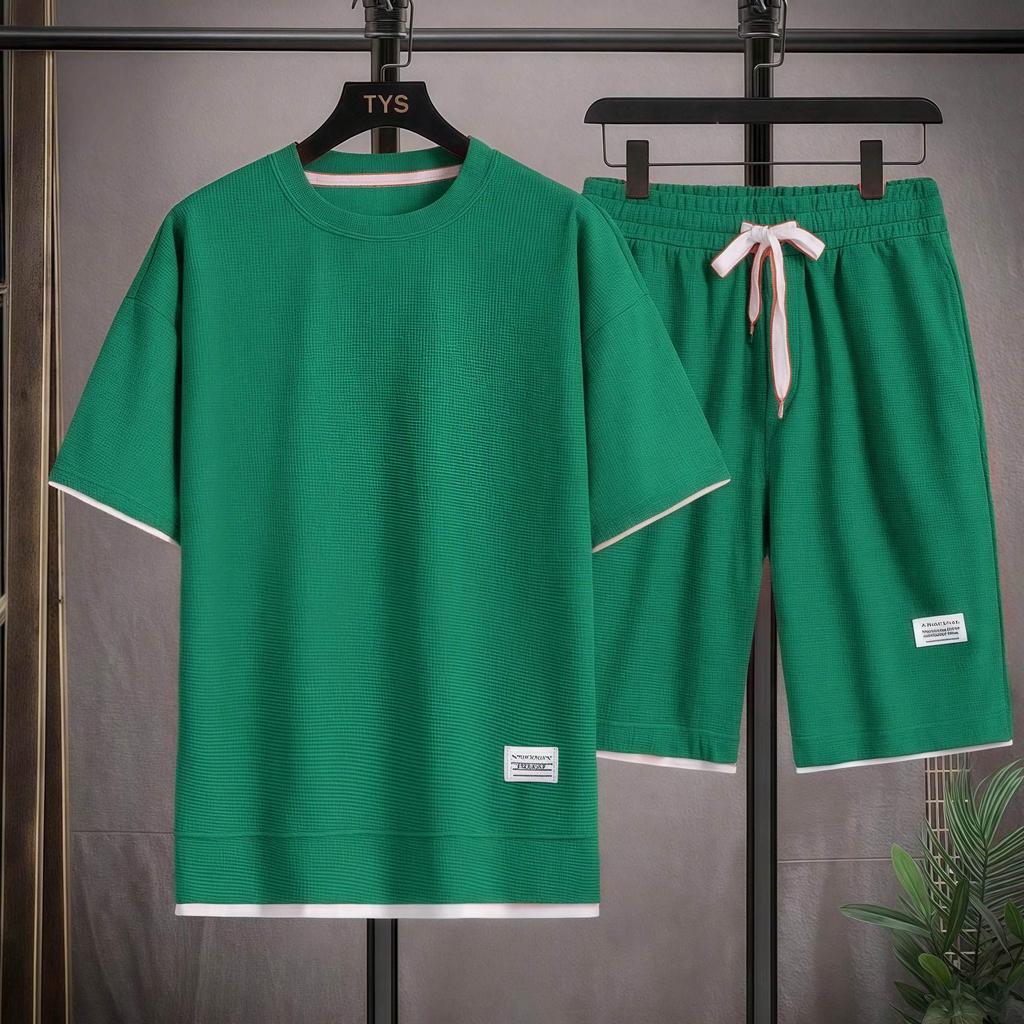 Herrvåffla Casual Sportklädesset: Kortärmad T-shirt & Trendiga Sommarshorts
