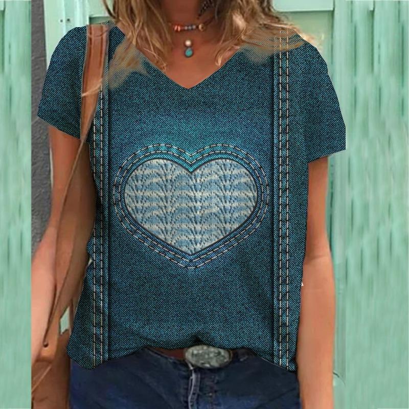 Floral Print T-shirt V-neck Print Women's Short Sleeved T-shirt Top