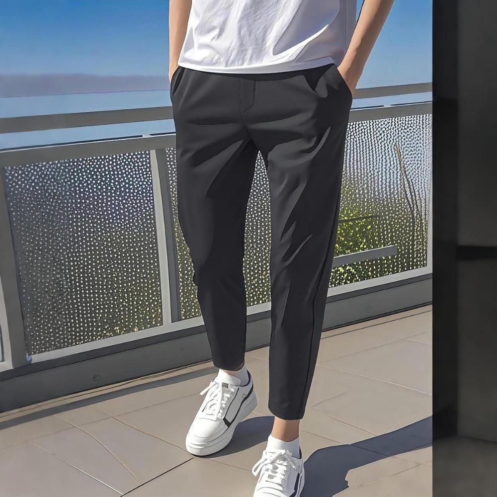 Sommar Tunn Isilke Niopunktsbyxor för Herr Casual Byxor Trendiga Nya Smala Fötter Smala och Löst Raka Unga