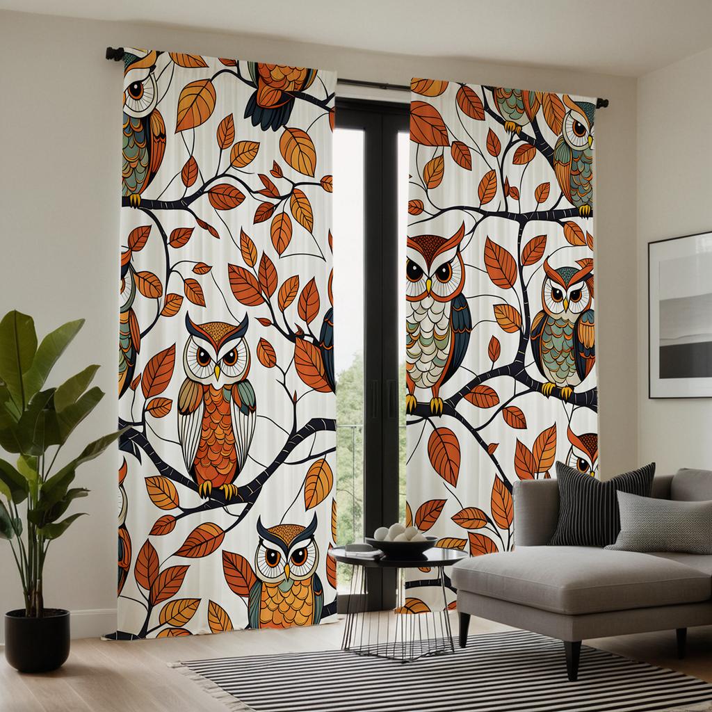 Hd Autumn Tree Cat Headed Eagle Family Decorative Curtain Yellow Tie Digital Printed Home Decoration Style Decor Curtains Set Of 2 Made Polyester