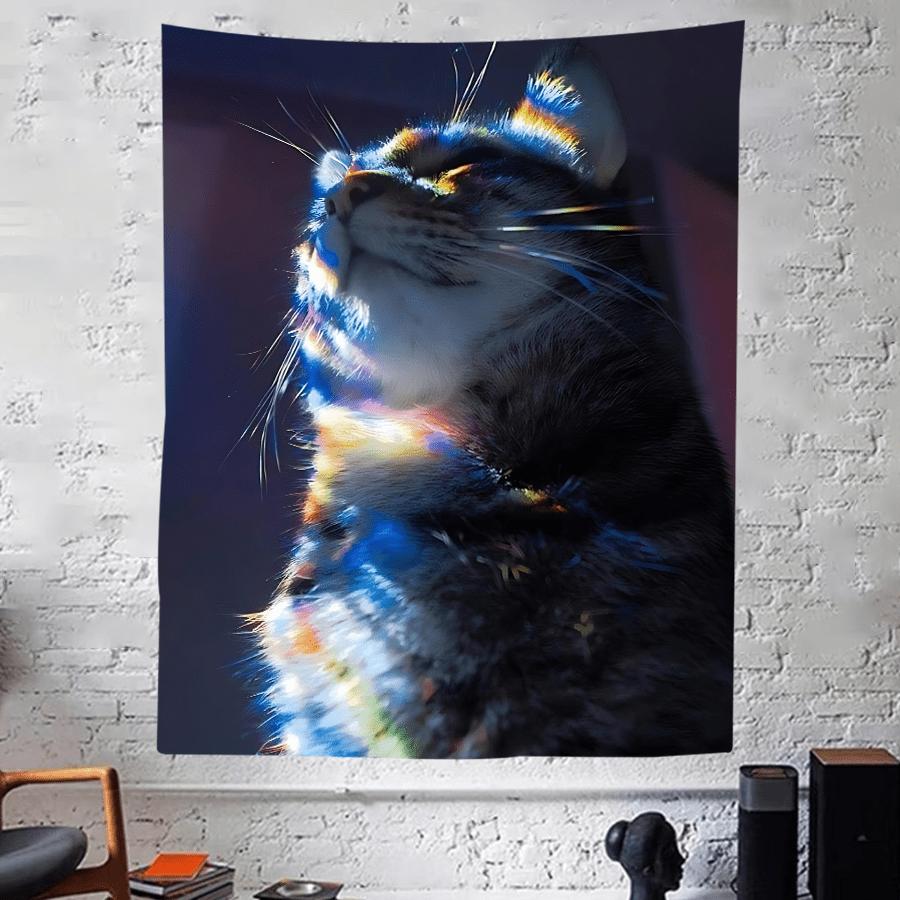 Iridescent Cat Tapestry Vibrant Feline Wall Art for Bedroom or Living Room Large Decorative Hanging Add Magical Glow
