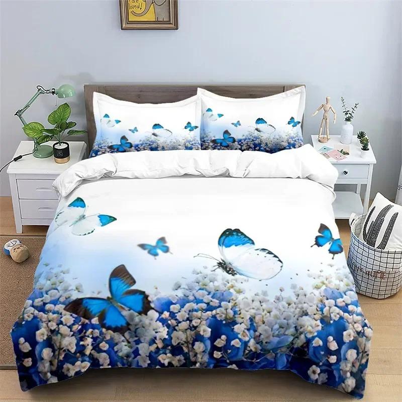 Soft Butterfly Floral Duvet Cover Queen Size 3D Print Bedding Set with Pillowcases for Adults Kids Girls Teens