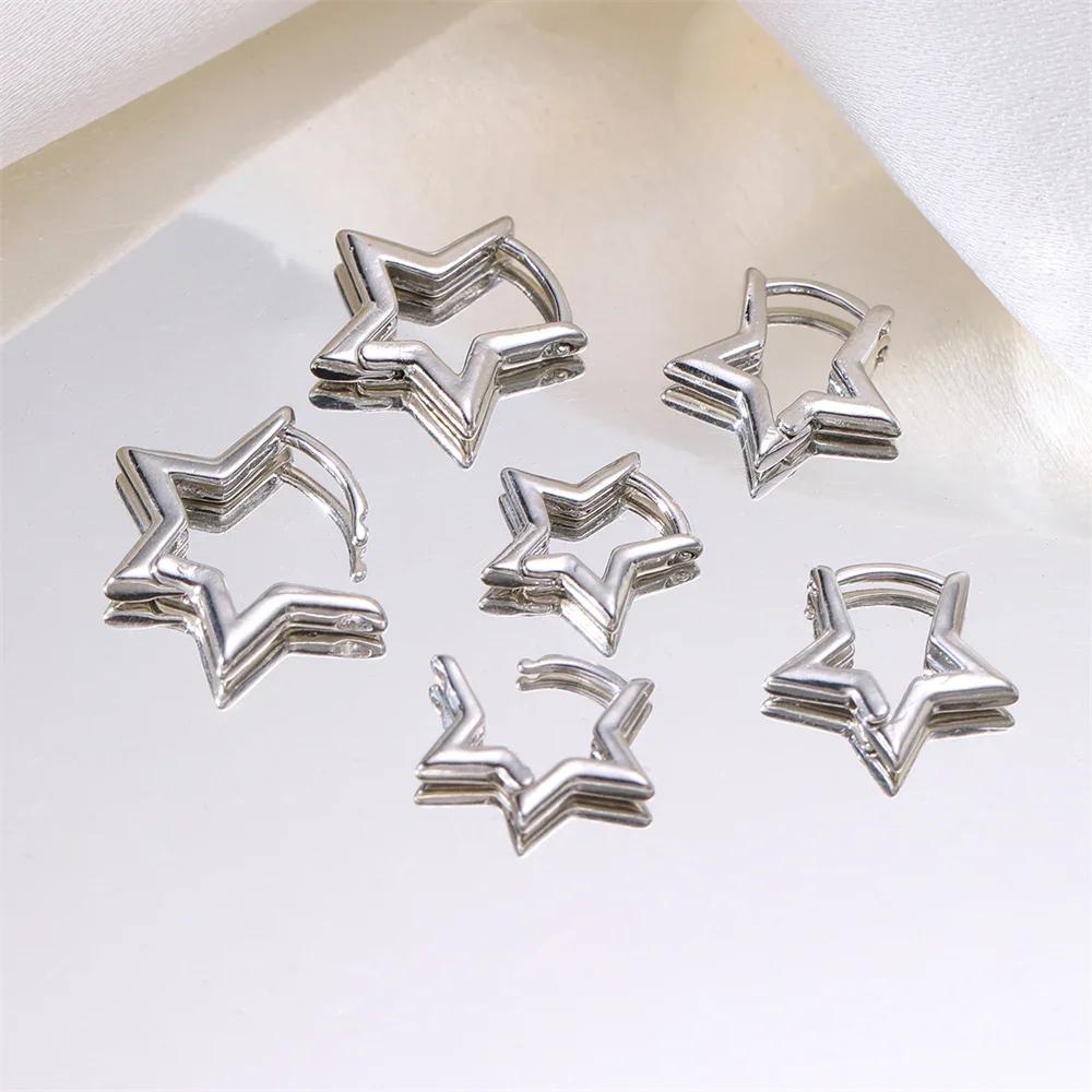 6pcs/Set Vintage Glossy Chic Silver Color Star Hoop Earrings for Women Retro Pentagram Huggie Hoops Daily Wear Jewelry
