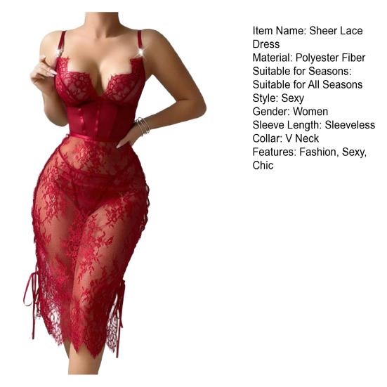 Sexy Lace Babydoll Dress for Women Sheer Mesh Chemise Sleepwear Side Split V Neck Nightgown for Honeymoon Anniversaries