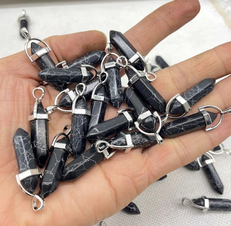 European-American Natural Crystal Hexagonal Pendant Necklace with Black Wax Cord