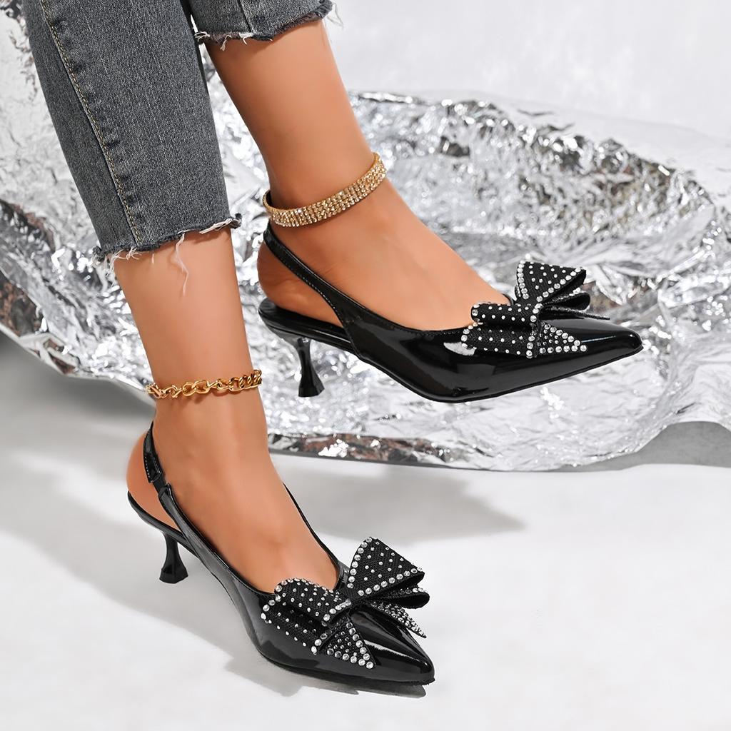 Summer 2025 New Sandal Slingback Pointy Toe Women Pumps Sexy Bow Pearl Thin Heel Sandals Stiletto Heeled Shoes Party Shoes