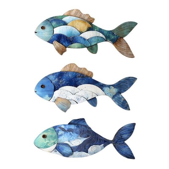 3/4Pcs/Set Wooden Fish Wall Decoration Farmhouse Rustic Nautical Turtle Shell Starfish Wall Art Sculpture Home Living Room Wall Decorative Sign