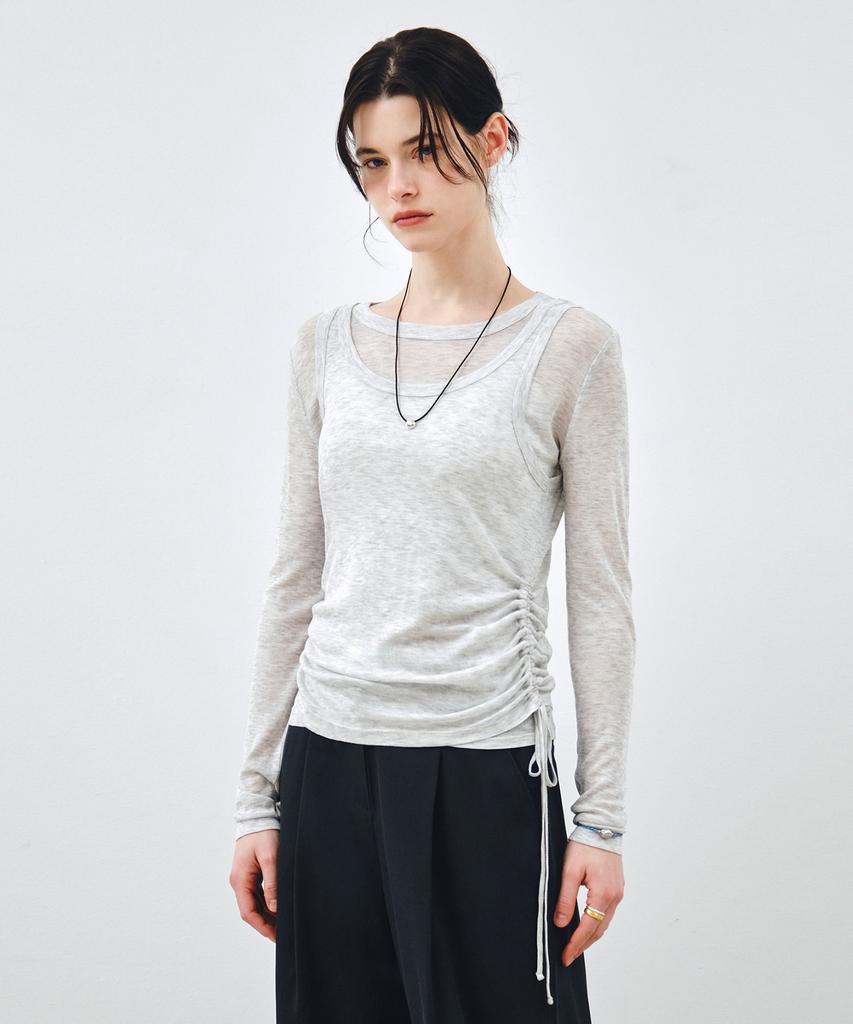 MONGDOL [Set] Side Shirred Layered T-Shirt Light Grey Mdts067Lgray