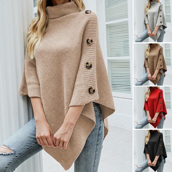 High Collar Solid Color Cape Style Button Decoration Loose Fit Sweater Tops for Women Casual Commuting Knitted Outerwear Coat