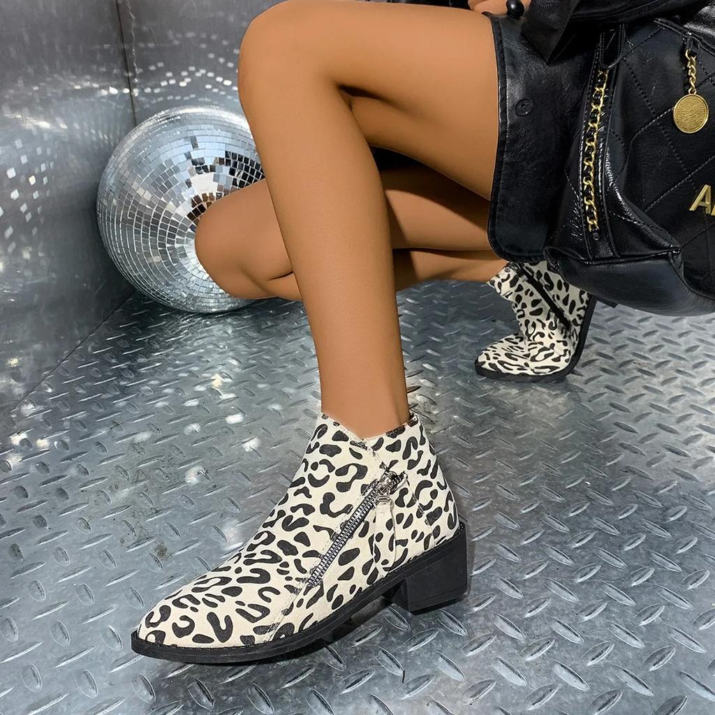 Woman Boots Leopard Print 2024 Autumn Women's Short Boots Pointed British Zipper Non Slip Fashion Ankle Boots Plus Size