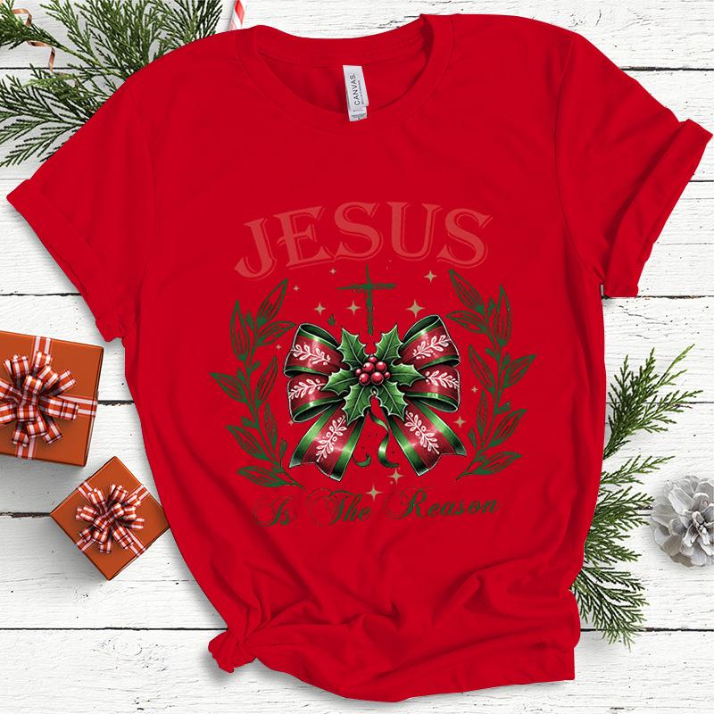 Christmas Coquette Bow Christmas Butterfly Print Short Sleeved Casual Loose Round Neck Pure Cotton Short Sleeved Top T-Shirts Women’s