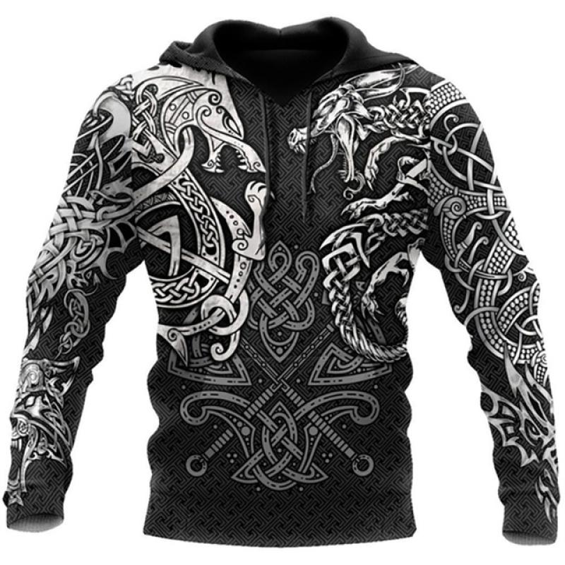 Spring Autumn Fashion Retro Men Hoodies Viking Wolf And Dragon Tattoo 3D Printed Men's Sweatshirt Unisex Long Sleeves Pullovers