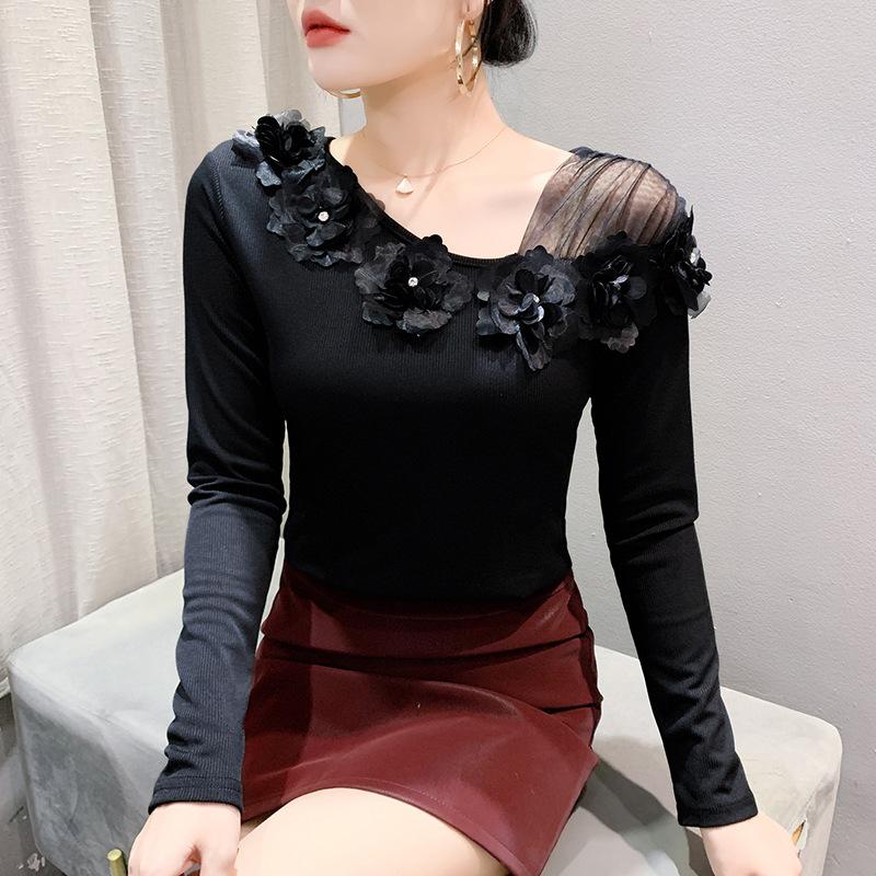 French Classic Style Flower Long-sleeved T-shirt for Women In Winter Latest Design and Slim Base Top