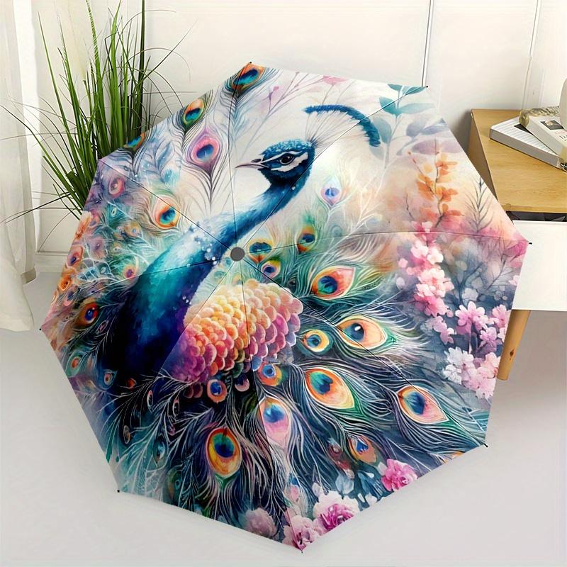 1pc Colorful Peacock with Feathers Spread Amidst Flowers and Nature's Beauty Cartoon Umbrella, Portable 3-Fold Compact Umbrella, Suitable for Cam