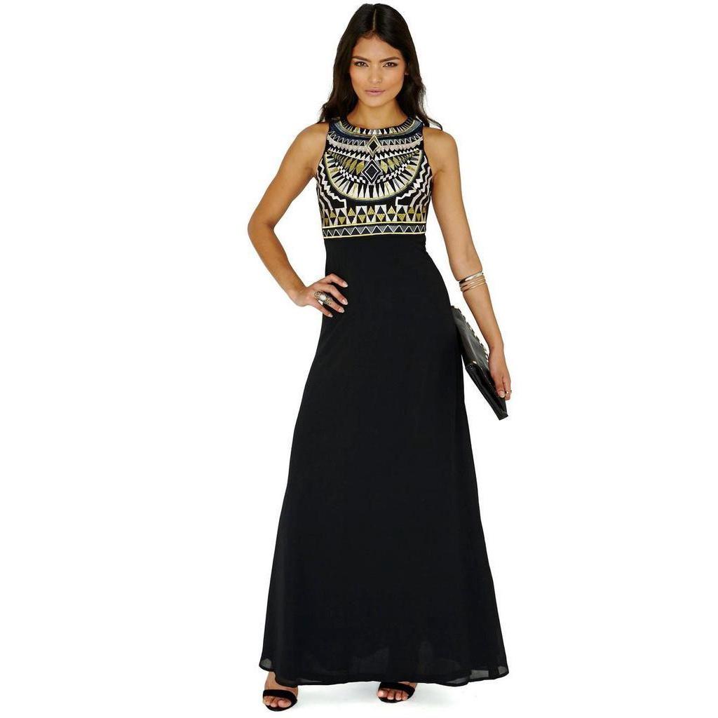 Elegant Women Round Neck Sleeveless Geometric Print Chiffon Dress Long Floor Length Stylish Casual Attire