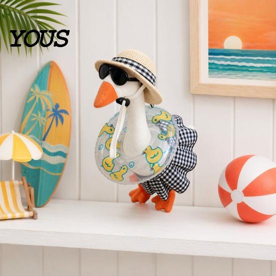 Goose Costume with Hat Bikini Desk Outfit, 7 Inch Mini Desktop Outfit Straw Hat, Sunglasses, Swim Ring for Summer Hawaiian Party Table Decor Festive