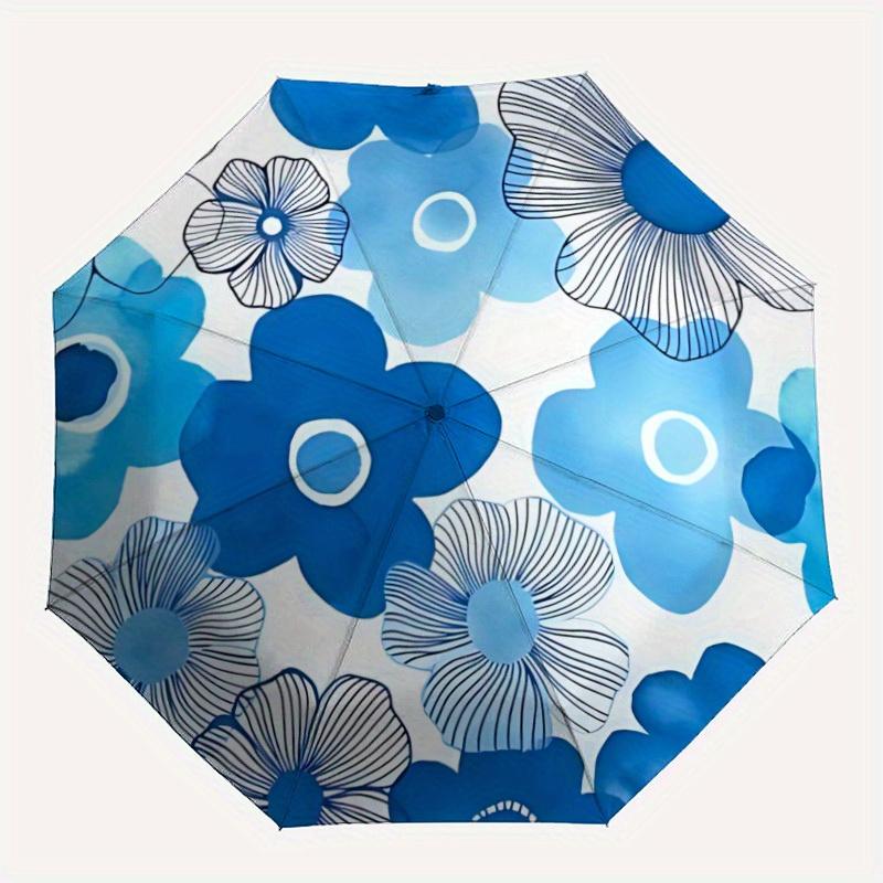 1 Stück Blaues Blumenmuster Automatischer Regenschirm - 8-Speichen Faltbares Design, Outdoor-Abenteuer und Familienfeiern yy250829094