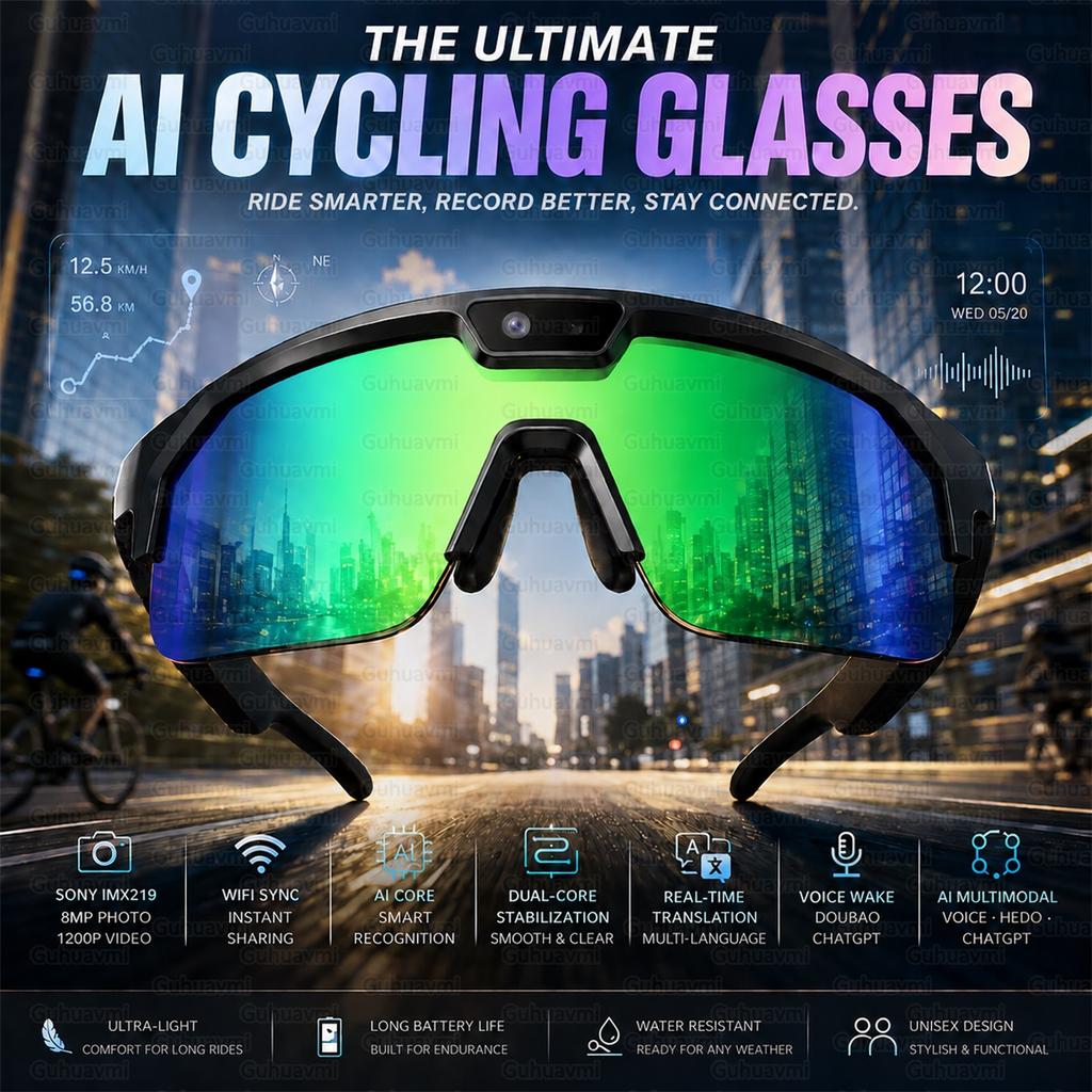 Sport Smart Glasses with 4K HD Anti-Shake Camera &3D Stereo Speakers Polarized UV400 Sunglasses Bluetooth AI Outdoors Video POV