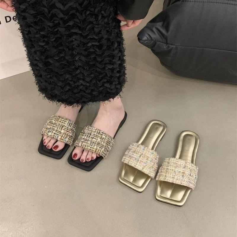 2025 Flat Slippers Women's New Summer Square Head Woven Seaside Holiday Beach Shoes Non-slip Open-toe Large Size Women's Shoes