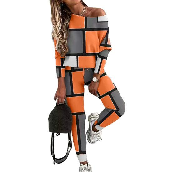 2 Pcs/Set Women Top Pants Suit Color Matching Off Shouder Long Sleeve Loose Elastic Waist Patchwork Women Spring Fall T-shirt Trousers Set Lady
