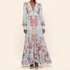 Women Casual Print Dress Sexy V-Neck Long Sleeve Gorgeous Flower Bohemian Beach Sundress Ladies Summer Vacation Maxi Dress