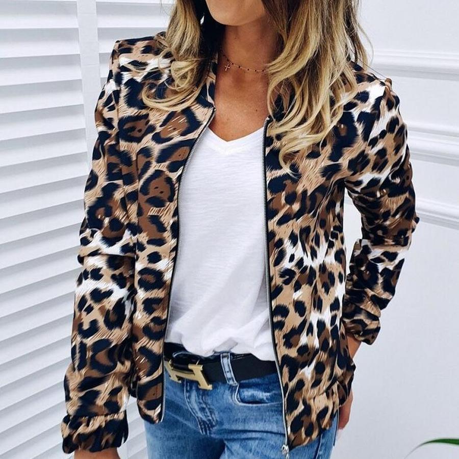 Spring/Autumn Women's Baseball Jacket Fashion Leopard Loose Stand-Collar Zip-Up Cardigan Coat