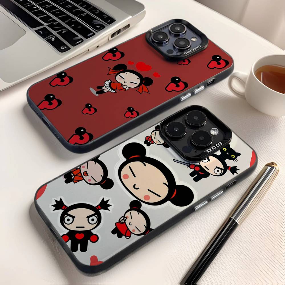 Pucca Süß Liebe Handyhülle Für iPhone 16,15,14,13,12,11,8,7,Pro,Max,Plus,Mini,XS,SE Anti-Fall Schwarz Matt Hart