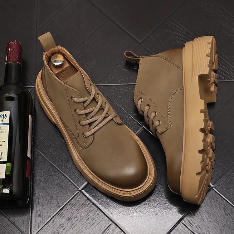 Short Boots Men's Retro British Style Men's Boots Lace Up Versatile Men's Boots Short Tube Casual Youth Thick Soled Trendy Boots